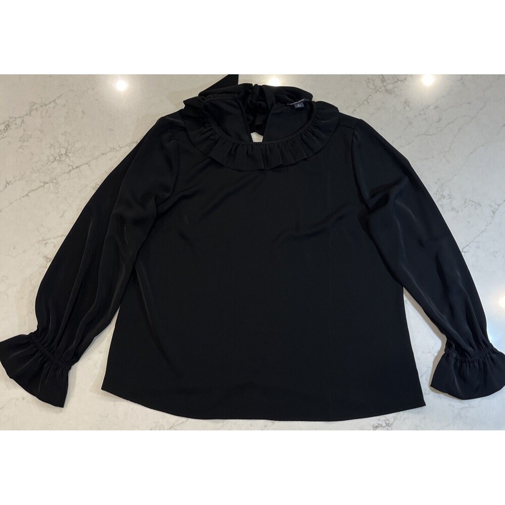 Studio Park Womens Sz L‎ Black Blouse Ruffle Collar/Cuff Ties at Neck Slinky